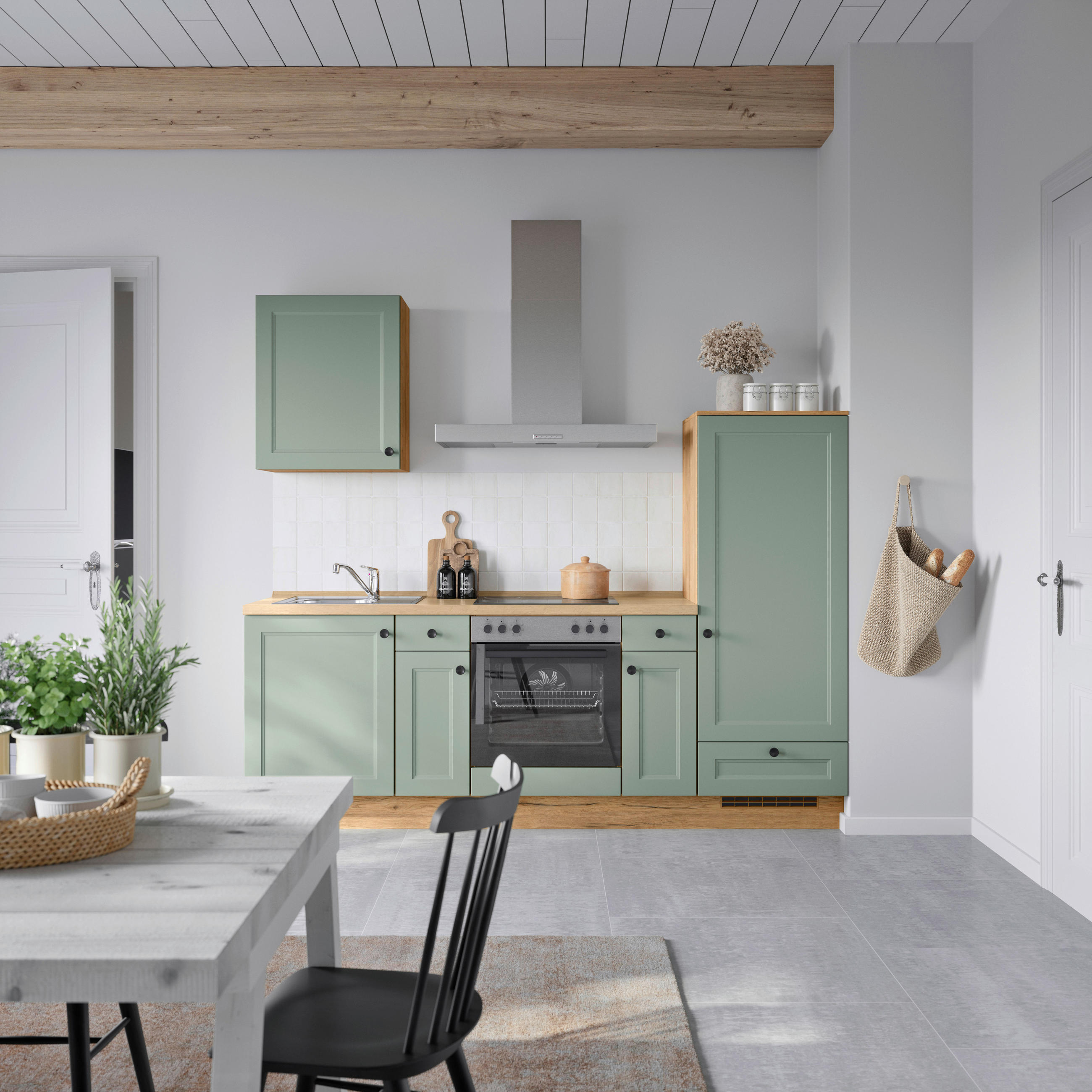 BUCĂTĂRIE FĂRĂ ELECTROCASNICE  - verde/culoare lemn stejar, Modern, metal/material pe bază de lemn (240cm) - Nobilia
