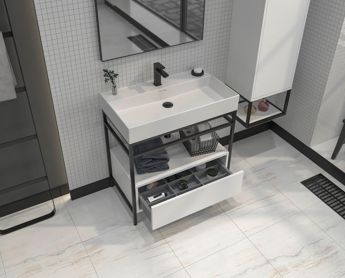 BADEZIMMER 3-teilig  in 80 cm  - Schwarz/Weiß, Design, Keramik/Holzwerkstoff (80cm) - Welnova