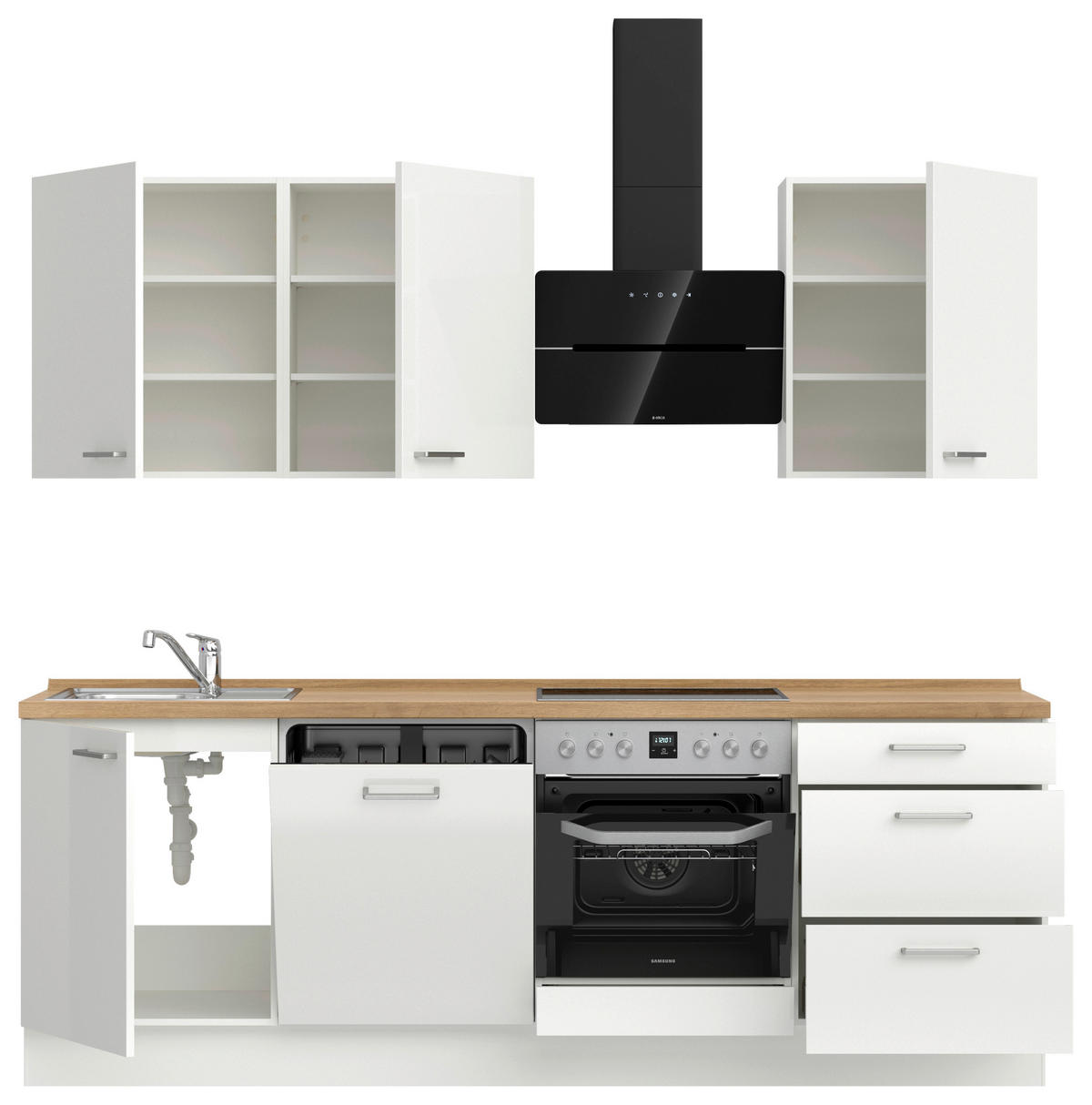 KÜCHENLEERBLOCK 240 cm   in Eichefarben, Weiß Hochglanz  - Edelstahlfarben/Eichefarben, MODERN, Holzwerkstoff/Metall (240cm) - Nobilia