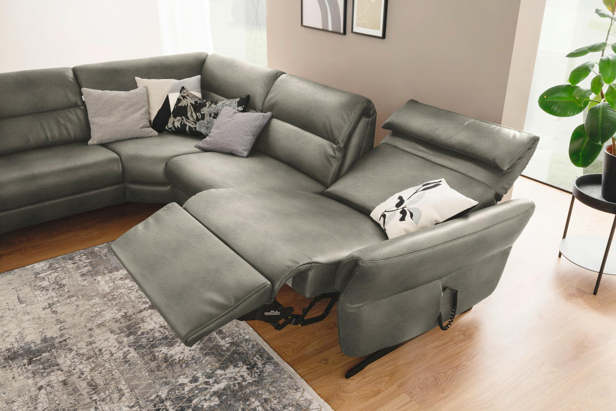 ECKSOFA Hellgrau Echtleder  - Hellgrau/Schwarz, Design, Leder/Metall (258/286cm) - Schöner Wohnen