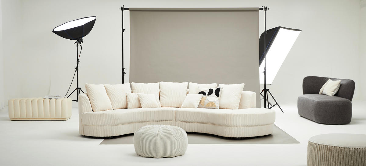 Wohnlandschaft inkl. Hocker in Cord Beige  - Beige/Schwarz, Design, Kunststoff/Textil (300/160cm) - Livetastic
