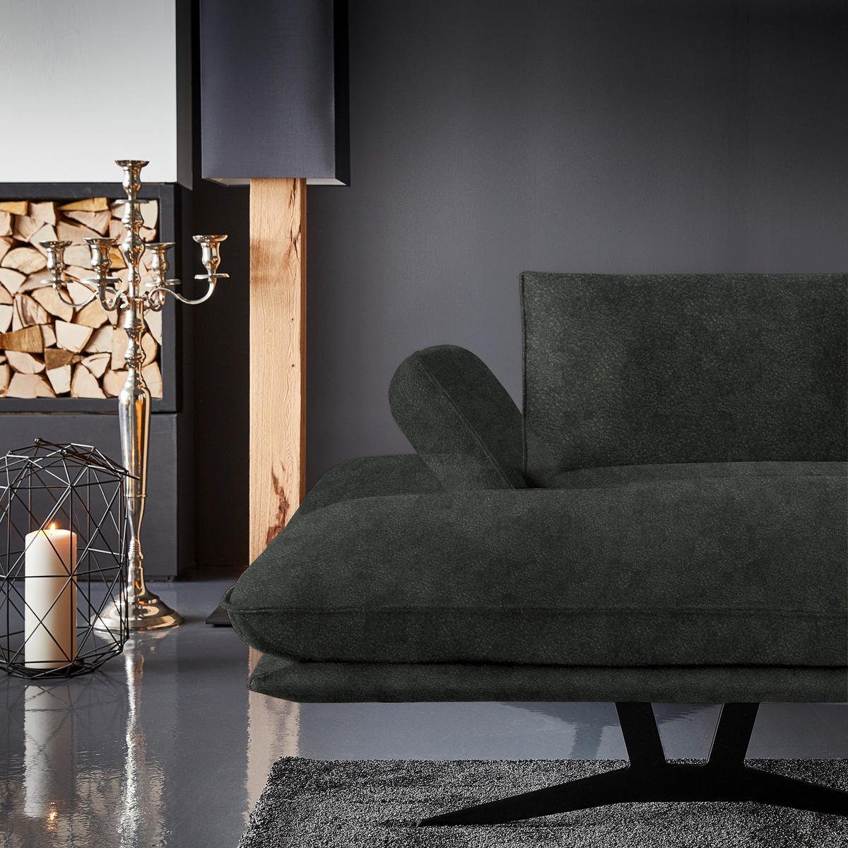 WOHNLANDSCHAFT in Echtleder Dunkelgrün  - Dunkelgrün/Schwarz, Natur, Leder/Metall (155/359/217cm) - Dieter Knoll