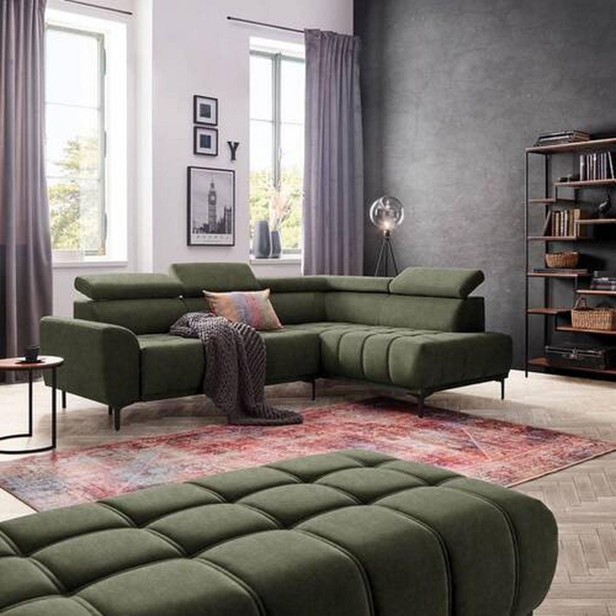 ECKSOFA in Velours Grün  - Schwarz/Grün, Design, Textil/Metall (261/191cm) - Stylife