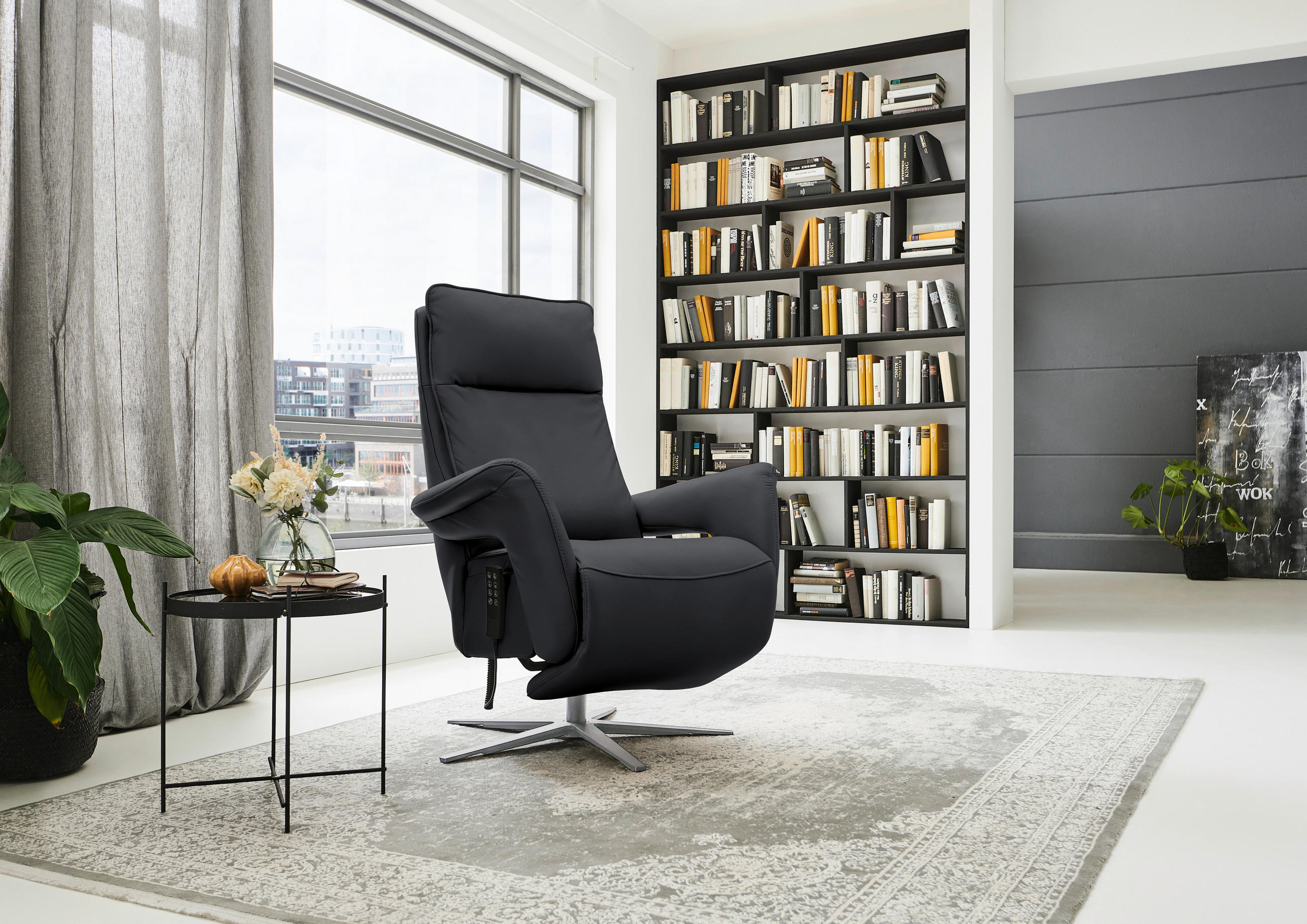 RELAXSESSEL in Leder Anthrazit  - Edelstahlfarben/Anthrazit, Design, Leder/Metall (79-83/116/87-176cm) - Valdera