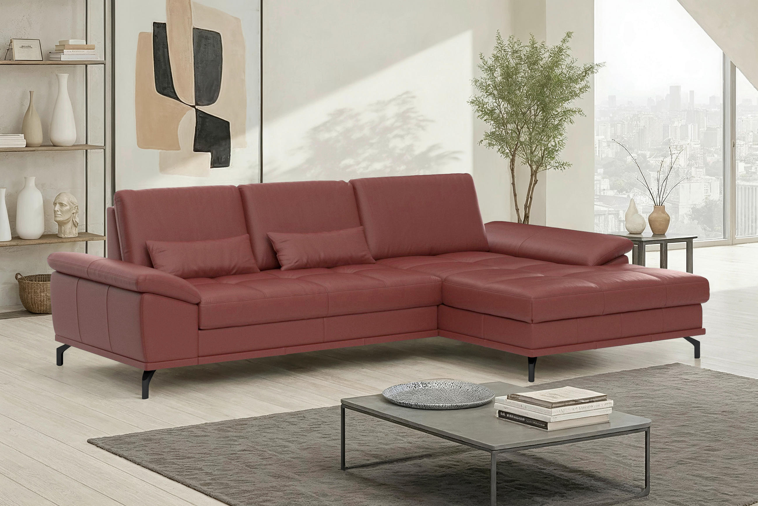 ECKSOFA COSTELLO E Rotbraun Echtleder Nierenkissen, Armteilverstellung, Sitztiefenverstellung  - Rotbraun/Schwarz, Basics, Leder/Textil (301/176cm) - Sit & More