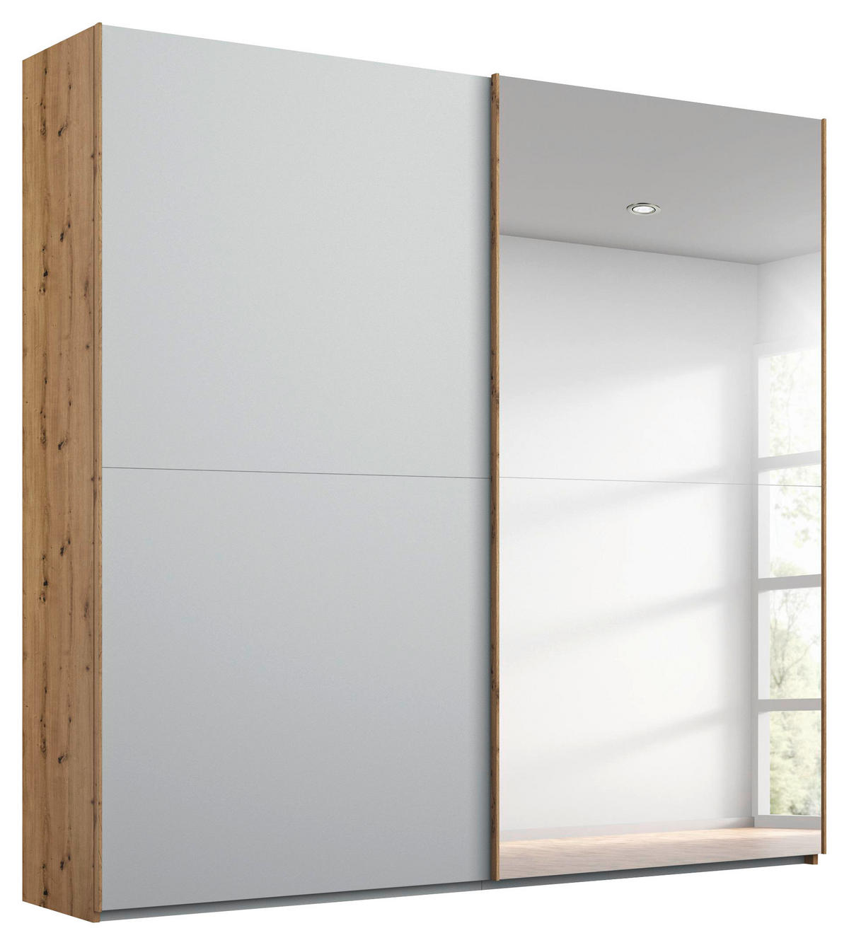 SCHWEBETÜRENSCHRANK Grau, Eichefarben  - Eichefarben/Grau, Trend, Glas/Holzwerkstoff (201/223/68cm) - Stylife