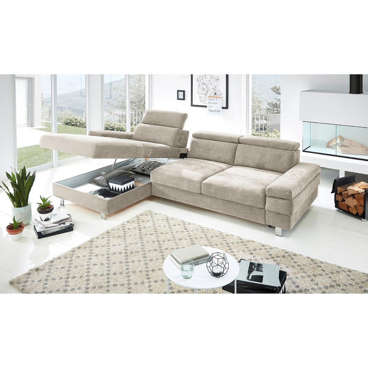 ECKSOFA in Webstoff Greige  - Greige/Silberfarben, KONVENTIONELL, Textil/Metall (260/82/182cm) - Trendmanufaktur