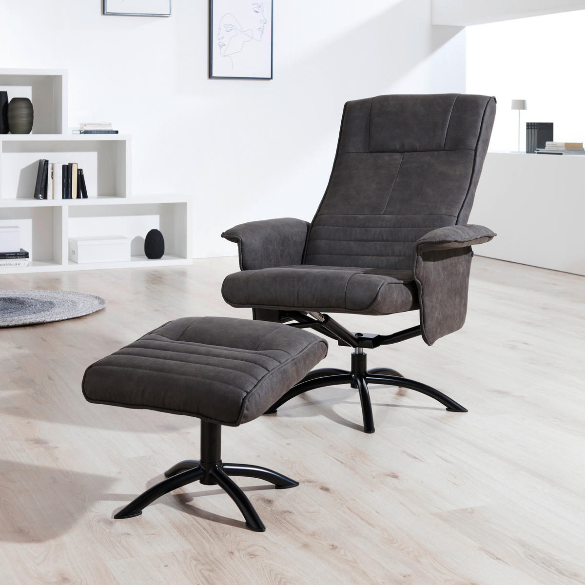 RELAXSESSELSET Mikrofaser Relaxfunktion, Hocker    - Anthrazit/Schwarz, Design, Textil/Metall (80/108/75cm) - Cantus