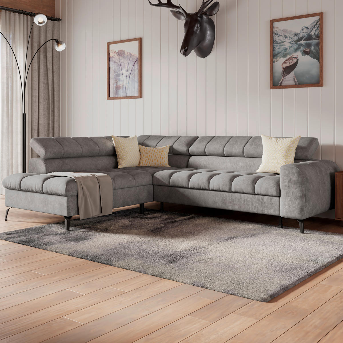 ECKSOFA Hellgrau  - Hellgrau/Schwarz, Trend, Kunststoff/Textil (203/261cm) - Livetastic