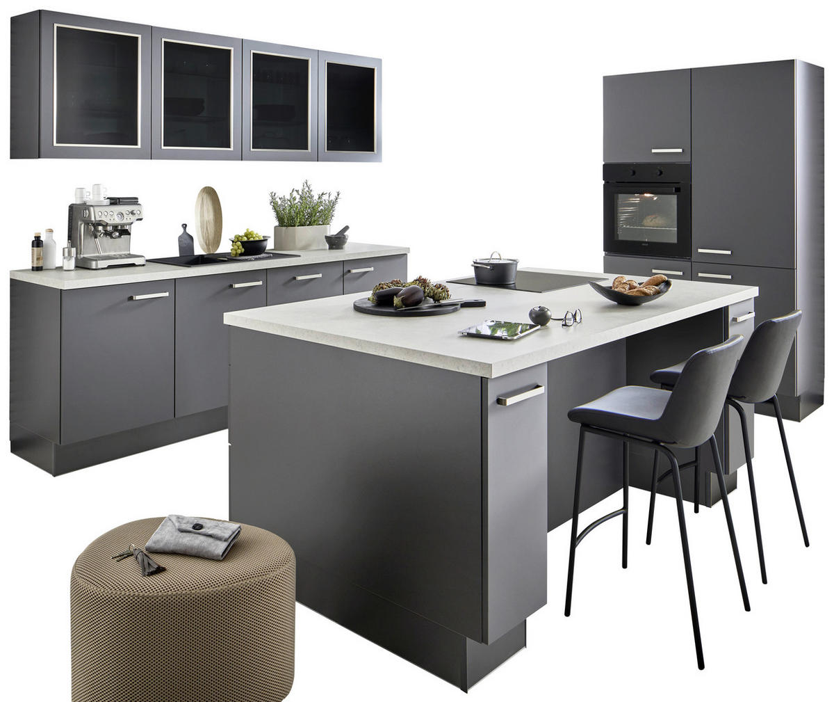 ECKKÜCHE 240/120 cm  Graphitfarben  - Sandfarben/Edelstahlfarben, Konventionell, Glas/Holzwerkstoff (240/120cm) - Venda