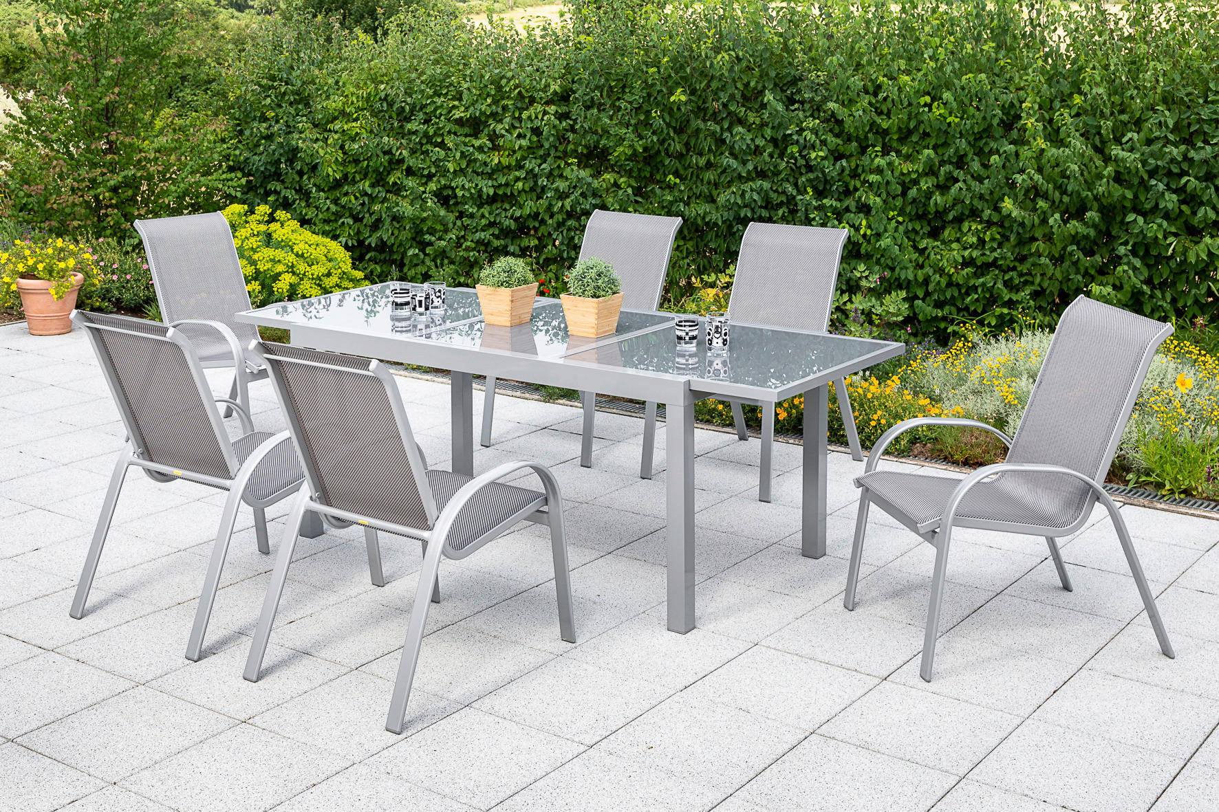 GARTENSET 7-teilig Aluminium 7-teilig  - Silberfarben/Braun, MODERN, Textil/Metall - Gardenson