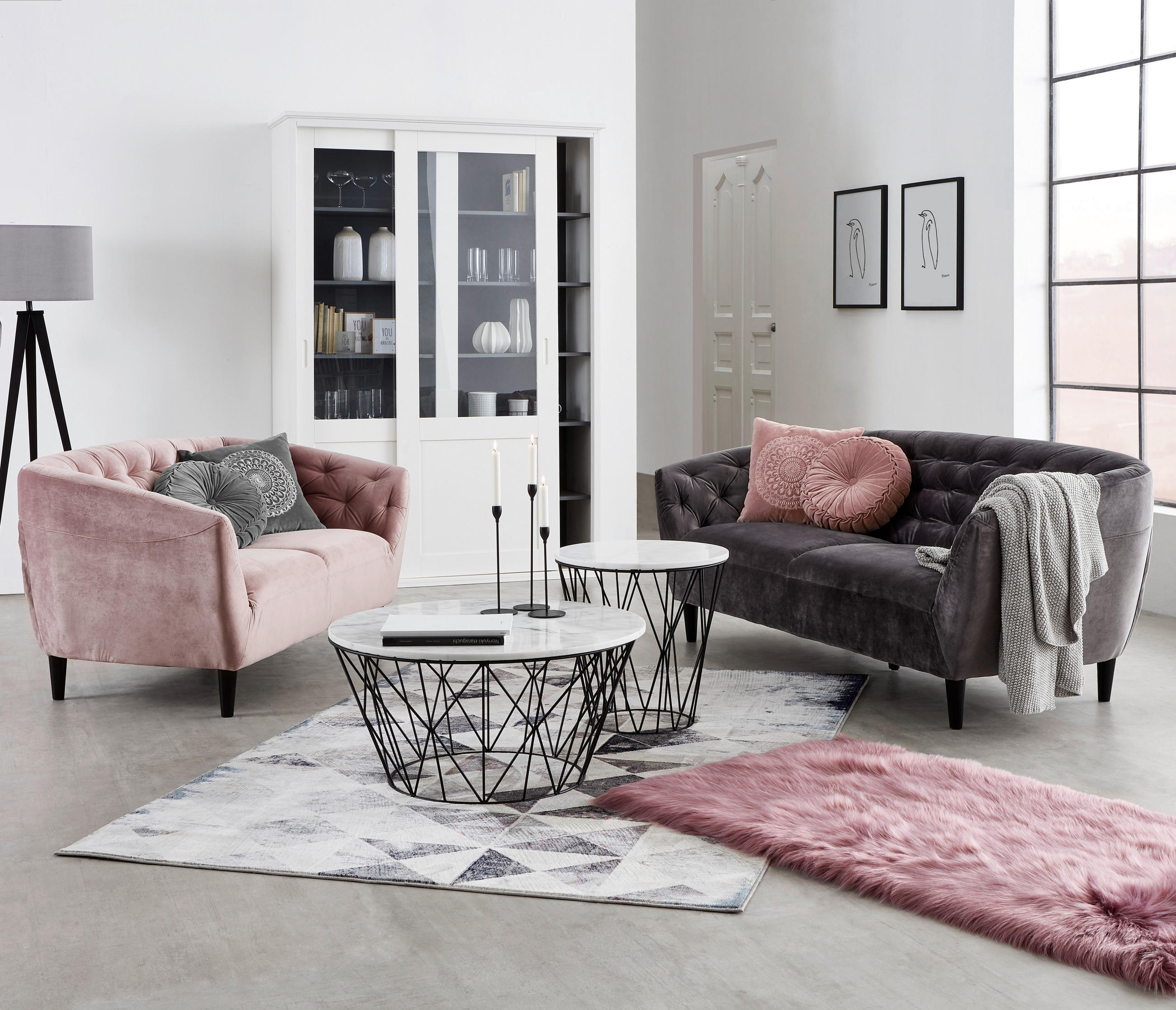 CHESTERFIELD-SOFA Rosa Samt  - Schwarz/Rosa, Trend, Holz/Textil (191/78/84cm) - Ambia Home