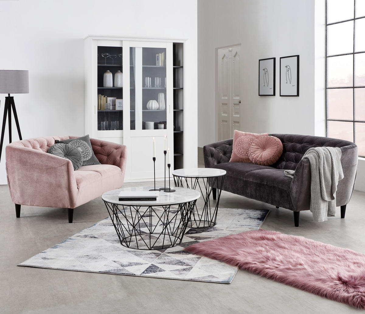 CHESTERFIELD-SOFA Rosa Samt  - Schwarz/Rosa, Trend, Holz/Textil (191/78/84cm) - Ambia Home