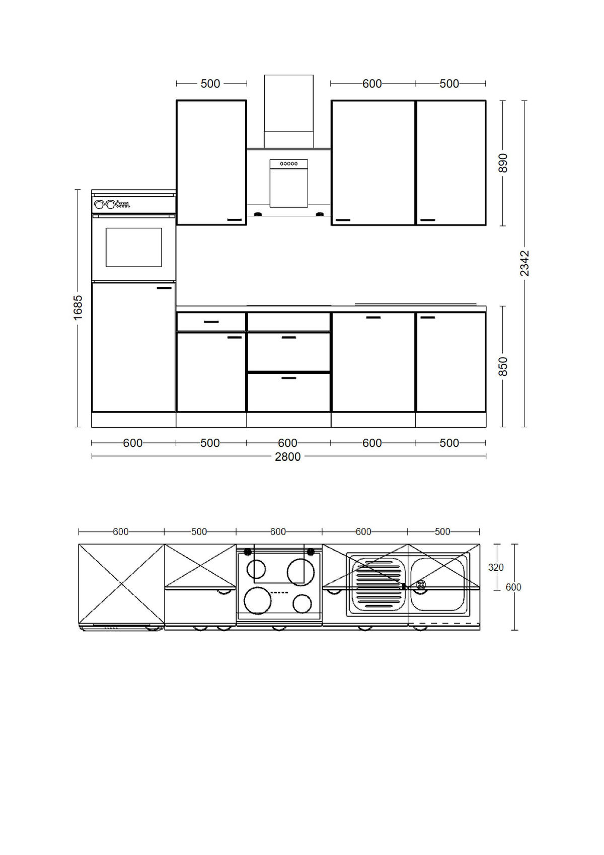 Küchenblock mit 5 E-Geräten und Spüle