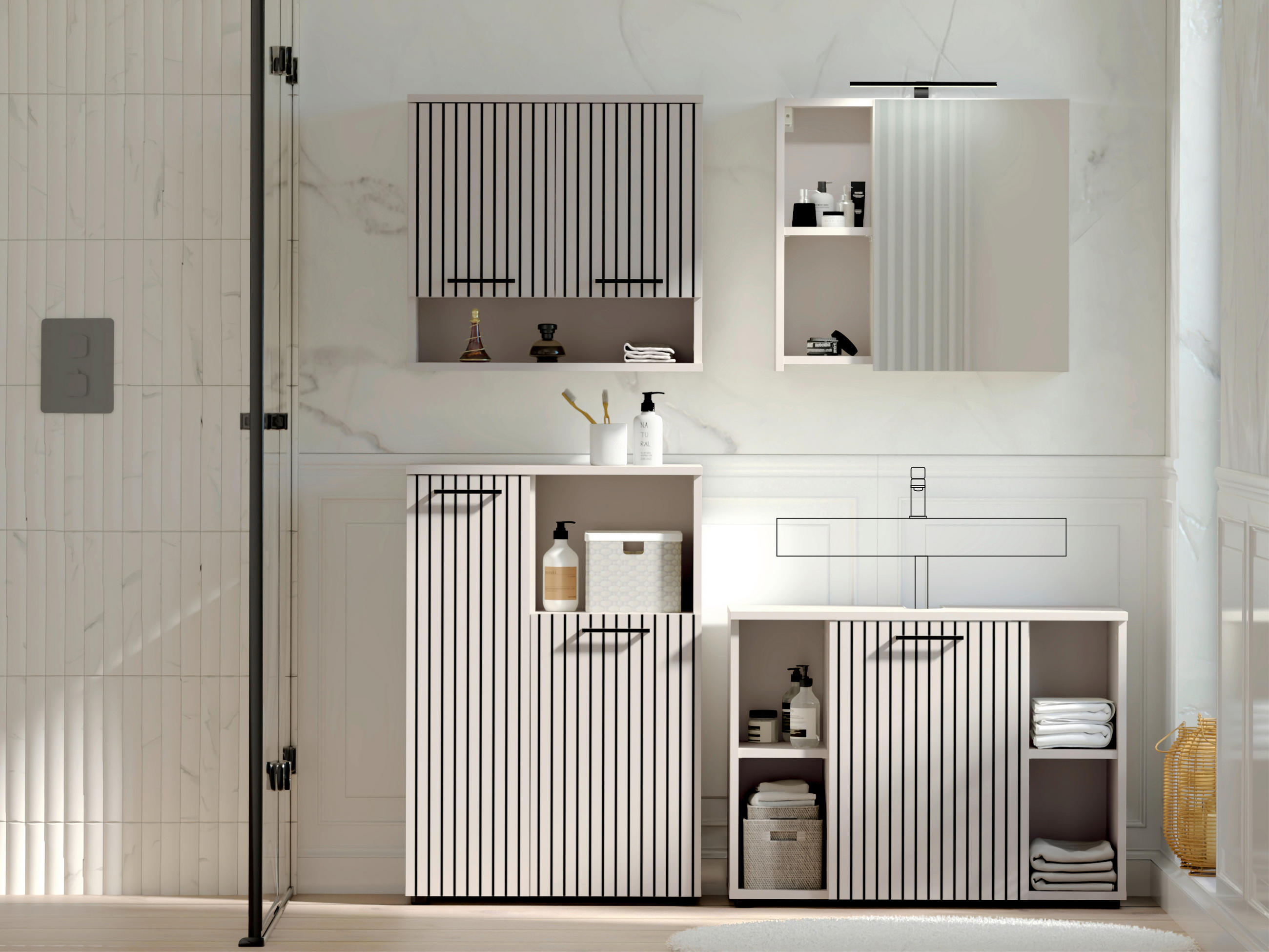 BADEZIMMER 4-teilig  in 155 cm  - Kaschmir/Schwarz, Trend, Glas/Holzwerkstoff (155cm) - Respekta