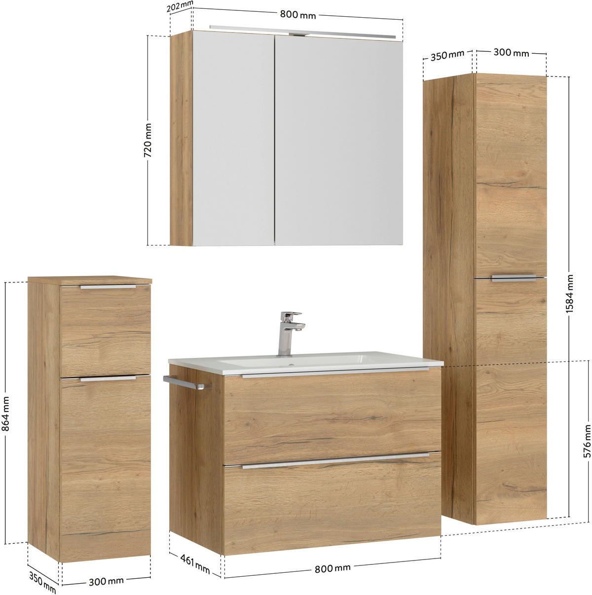 BADEZIMMER 5-teilig  in 141 cm  - Edelstahlfarben/Eichefarben, MODERN, Holzwerkstoff/Stein (141cm) - Nobilia