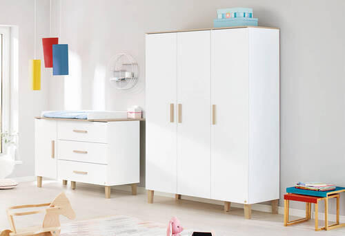 BABYKLEIDERSCHRANK LUMI Weiß, Eichefarben  - Eichefarben/Weiß, Design, Holz/Holzwerkstoff (135/189/56cm) - Pinolino