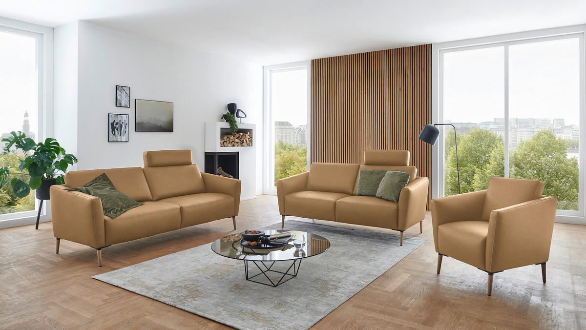 2-SITZER-SOFA Echtleder Honig  - Eichefarben/Beige, Natur, Leder/Holz (207/86/87cm) - Valnatura