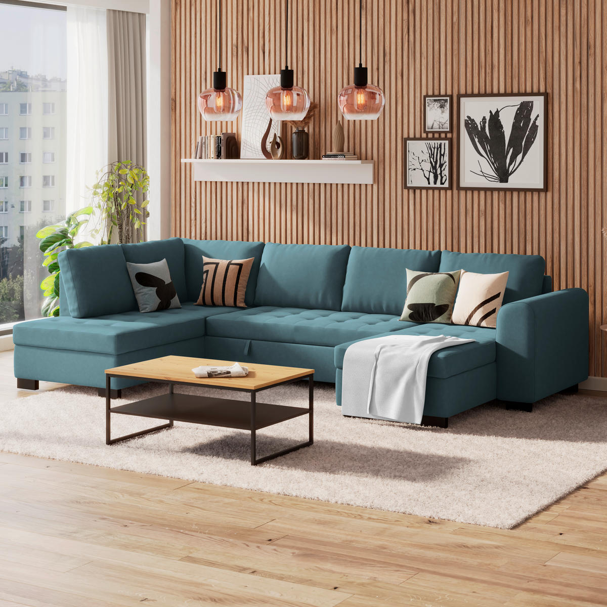 WOHNLANDSCHAFT Blau Mikrofaser  - Blau/Schwarz, MODERN, Kunststoff/Textil (178/305/155cm) - P & B