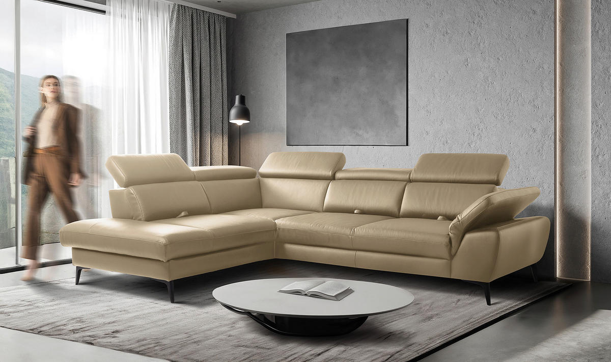 ECKSOFA Lederlook Echtleder Hellgrau  - Hellgrau/Schwarz, Design, Leder/Textil (220/274cm) - Livetastic
