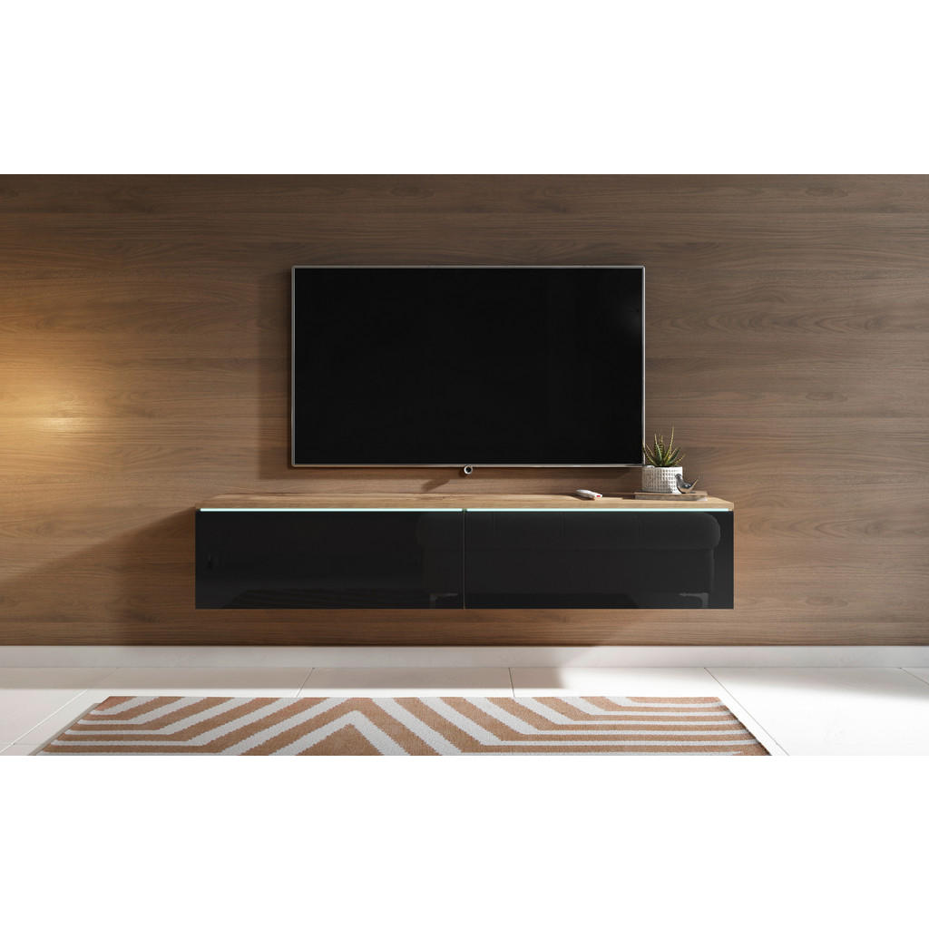 Thumbnail - P & B Lowboard Vera, Eiche Wotan, Schwarz Hochglanz, Holzwerkstoff, 140x30x33 cm, Fsc, Made in EU, stehend, hängend, Bel...