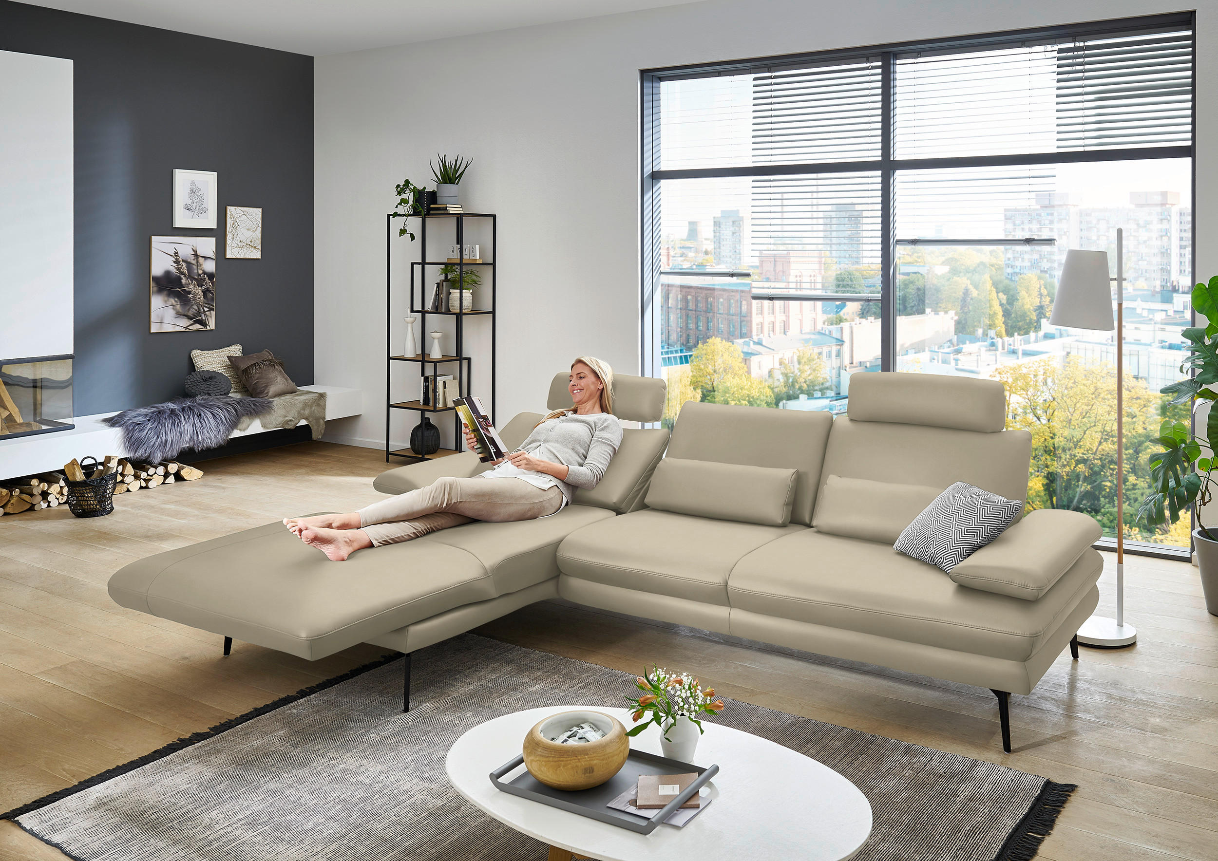 ECKSOFA in Echtleder Creme, Naturfarben  - Creme/Schwarz, Design, Leder/Metall (180/310cm) - Dieter Knoll