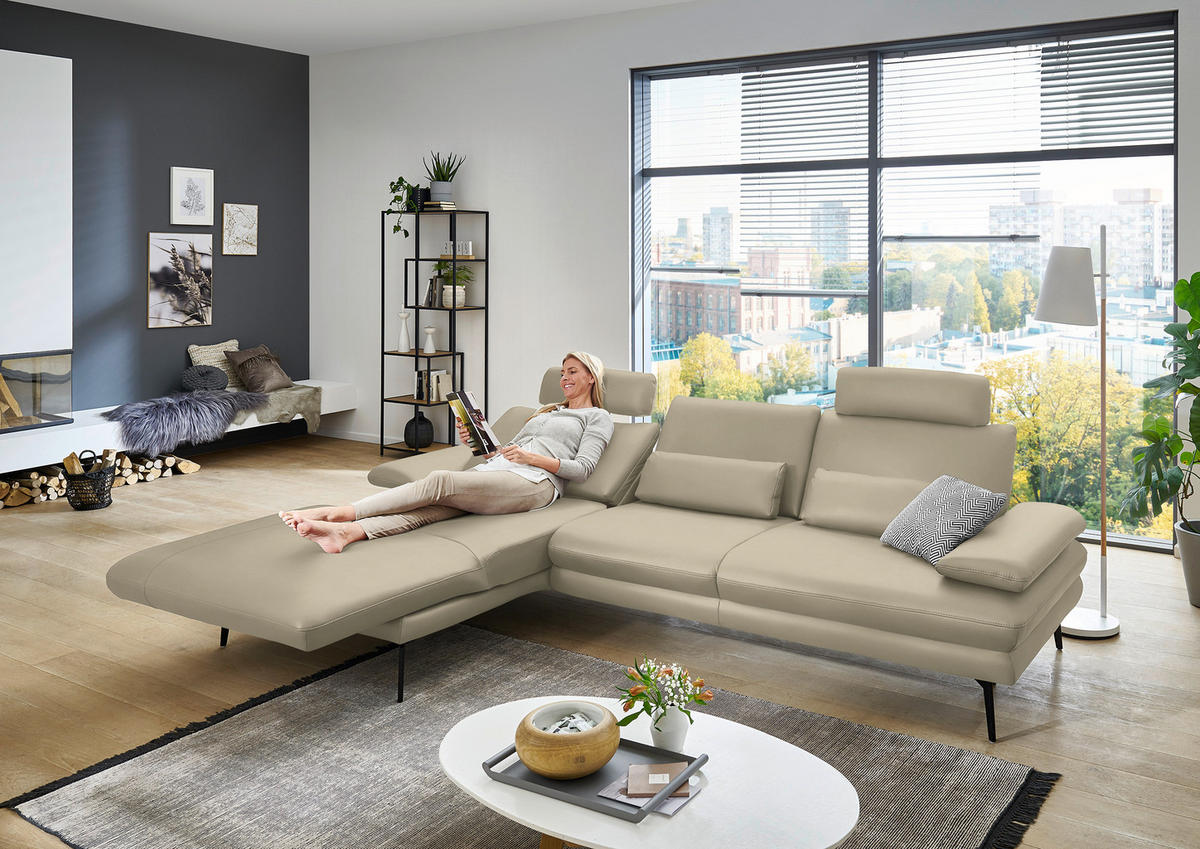 ECKSOFA in Echtleder Creme, Naturfarben  - Creme/Schwarz, Design, Leder/Metall (180/310cm) - Dieter Knoll