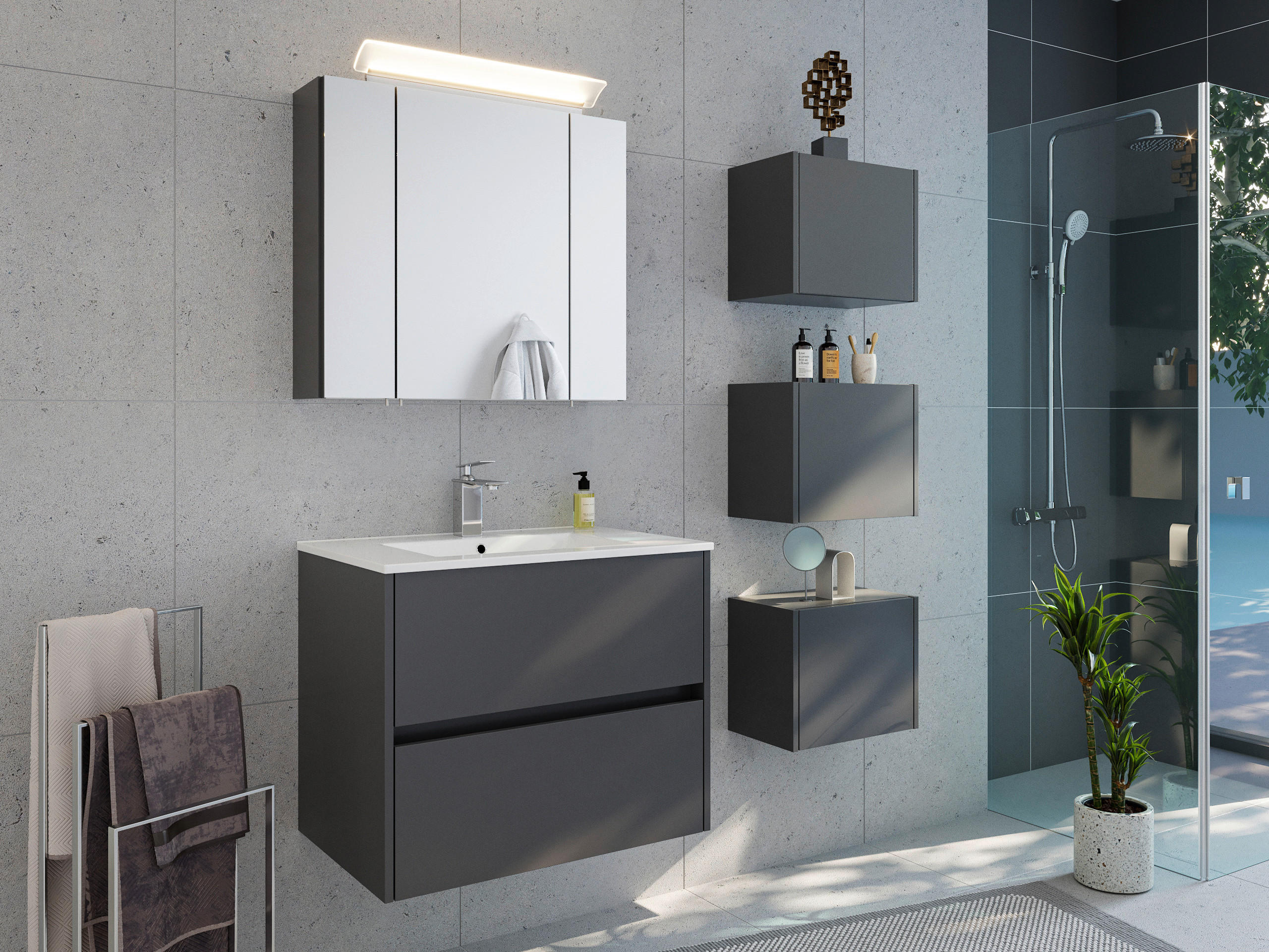 BADEZIMMER 5-teilig  in 70 cm  - Graphitfarben/Weiß, Basics, Keramik/Holzwerkstoff (70cm) - MID.YOU