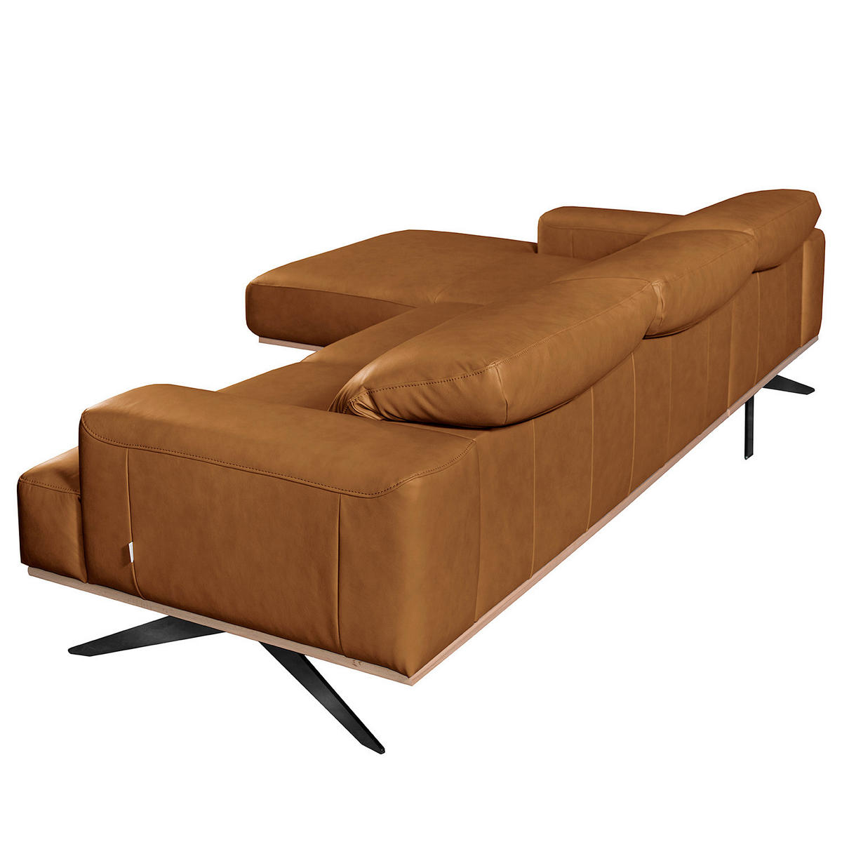 ECKSOFA Cognac Echtleder Rücken echt, Kopfteilverstellung  - Cognac/Schwarz, Design, Leder/Metall (187/295cm) - Livetastic