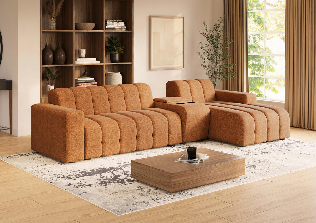 ECKSOFA Rostfarben Chenille Stauraum, Getränkehalter  - Rostfarben/Schwarz, MODERN, Kunststoff/Textil (299/150cm) - Milino