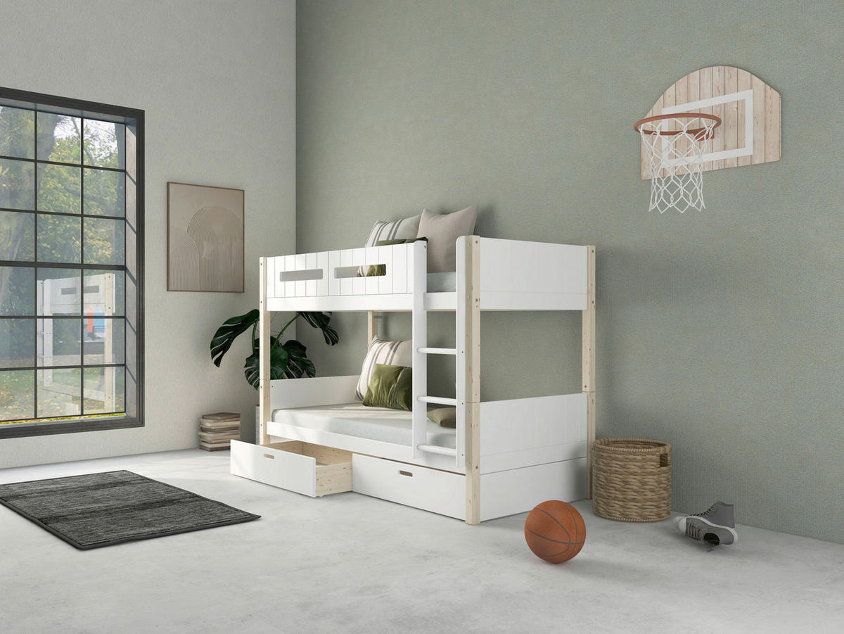 ETAGENBETT 90/200 cm,  in Absturzsicherung, Leiter, Rollroste, Bettschublade  - Naturfarben/Weiß, MODERN, Holz (90/200cm) - Chameo