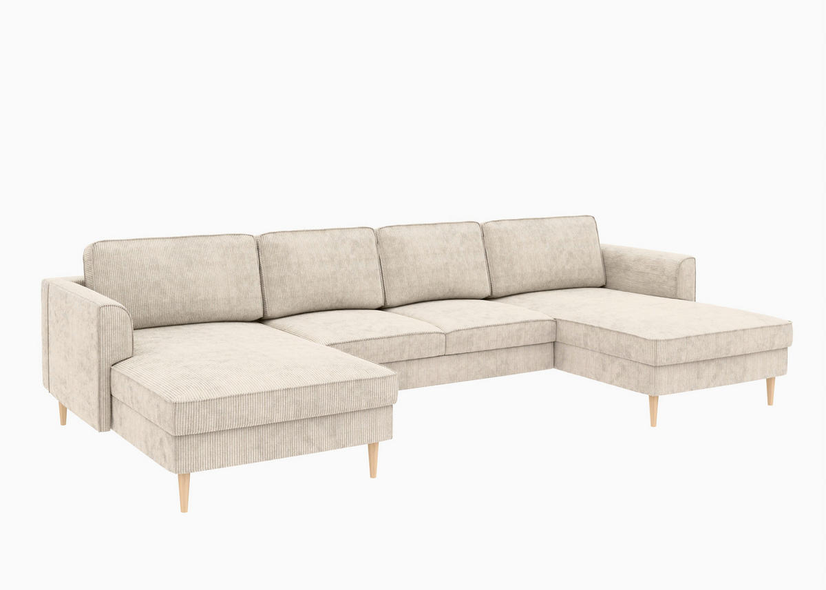 WOHNLANDSCHAFT Creme Cord  - Buchefarben/Creme, MODERN, Holz/Textil (161/306/161cm) - Trendmanufaktur