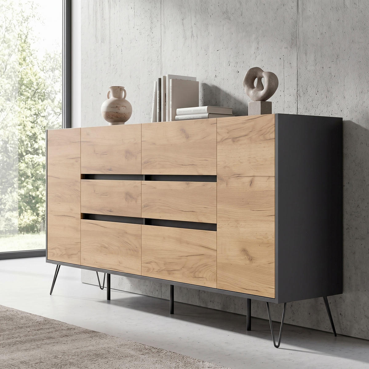 SIDEBOARD Posseik Industrial 199/93,6/42 cm 6 Schublade(n)  - Eichefarben/Graphitfarben, Design, Holzwerkstoff/Metall (199/93,6/42cm) - MID.YOU