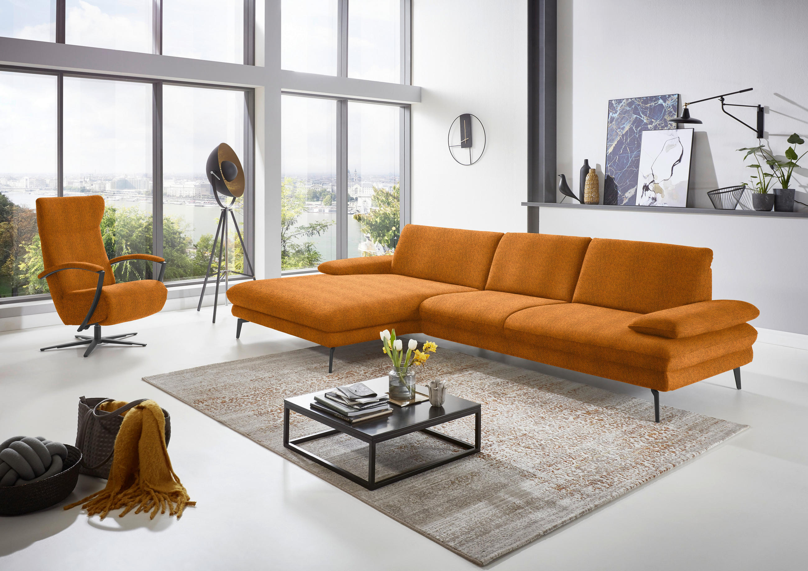 ECKSOFA in Chenille Orange 180/310 cm - Schwarz/Orange, Design, Textil/Metall (180/310cm) - Dieter Knoll