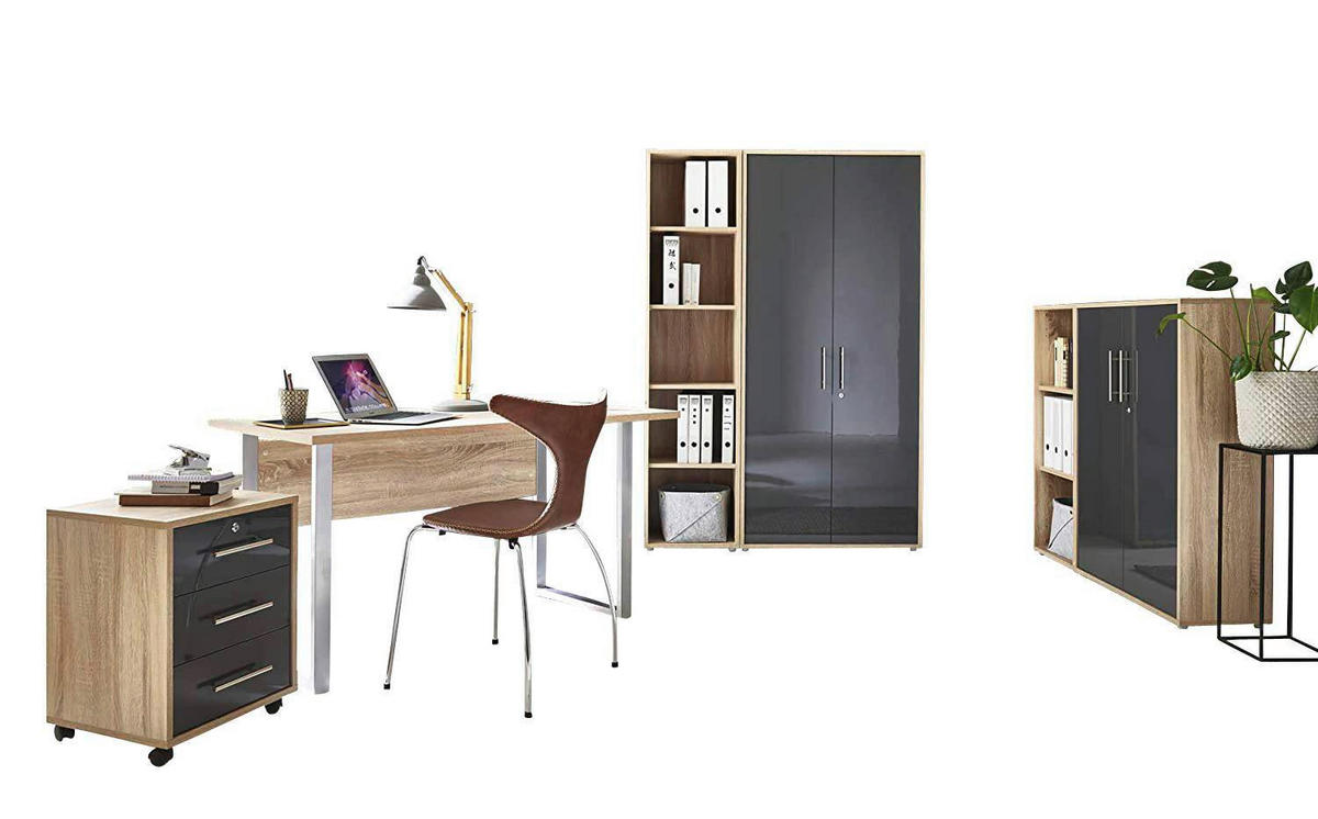 BÜRO erweiterbar, abschließbar Sonoma Eiche, Anthrazit Hochglanz - Anthrazit Hochglanz/Sonoma Eiche, MODERN, Holzwerkstoff/Metall - MID.YOU