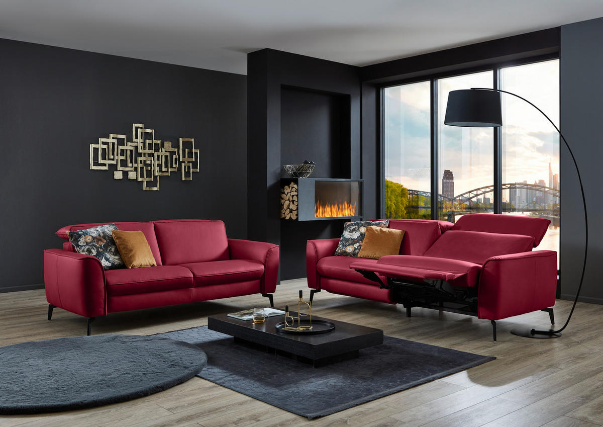 3-SITZER-SOFA in Echtleder Rot  - Rot/Schwarz, Natur, Leder/Metall (222/81/110cm) - Valdera