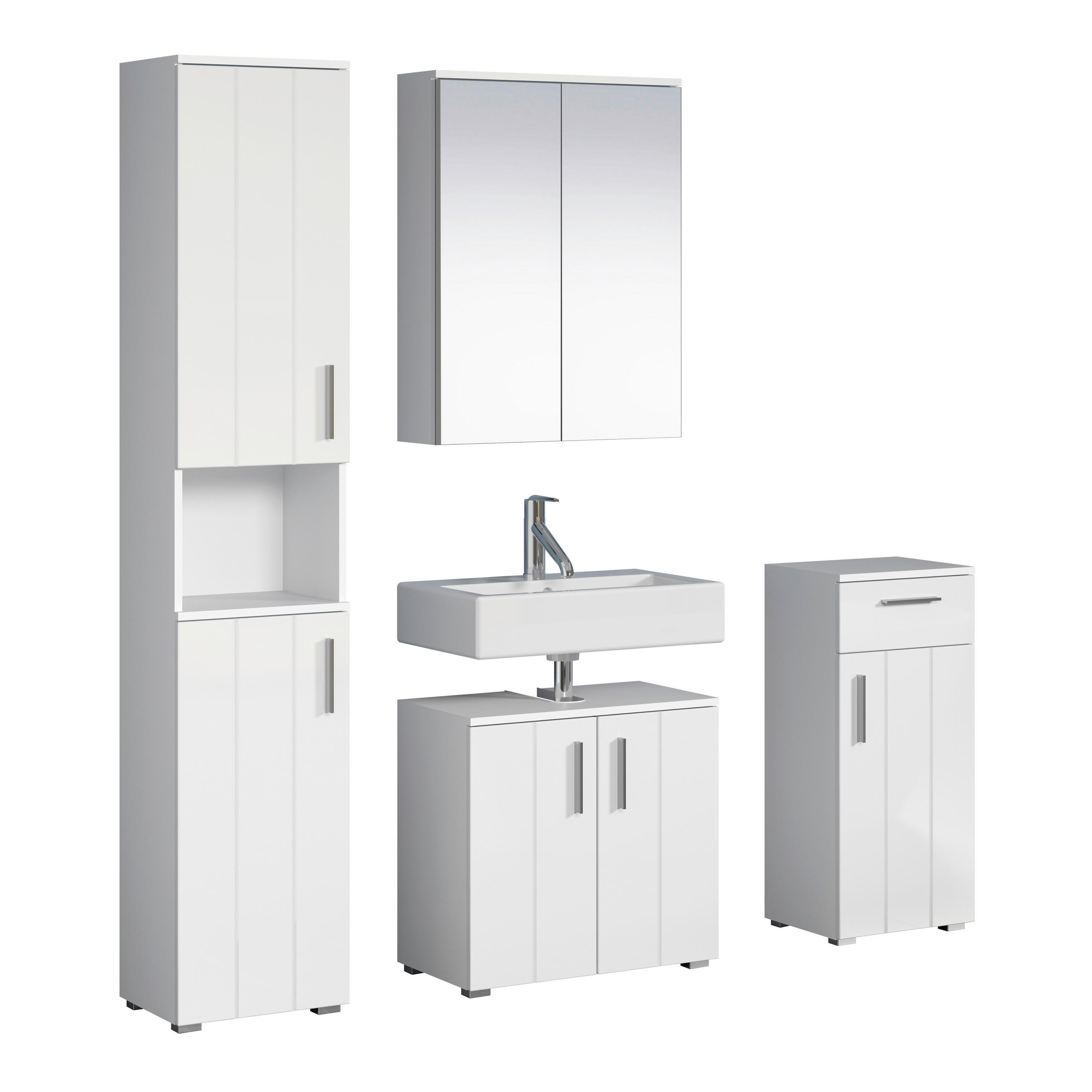 BADEZIMMER 4-teilig  in 164 cm  - Weiß Hochglanz/Silberfarben, Trend, Glas/Holzwerkstoff (164cm) - MID.YOU