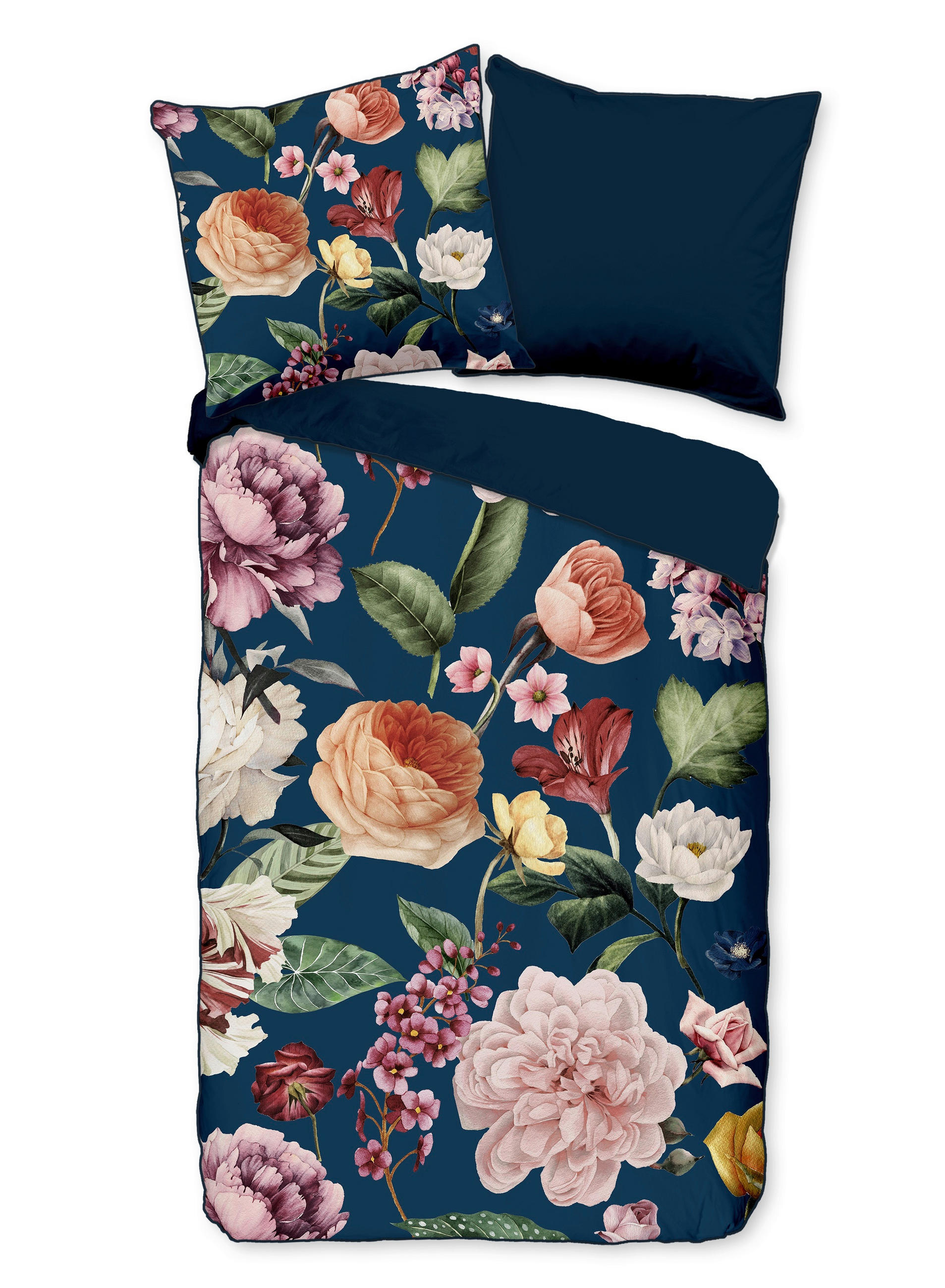 WENDEBETTWÄSCHE Fiori Satin 155/220 cm  - Blau/Dunkelblau, Natur, Textil (155/220cm)