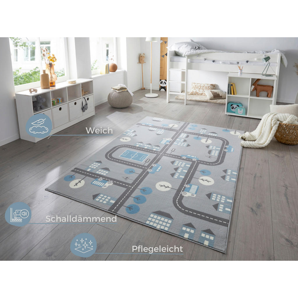 Thumbnail - Xxxl Kinderteppich Adventures, Grau, Hellblau, Kunststoff, Fahrzeuge, rechteckig, 160x220 cm, Oeko-Tex® Standard 100, fü...