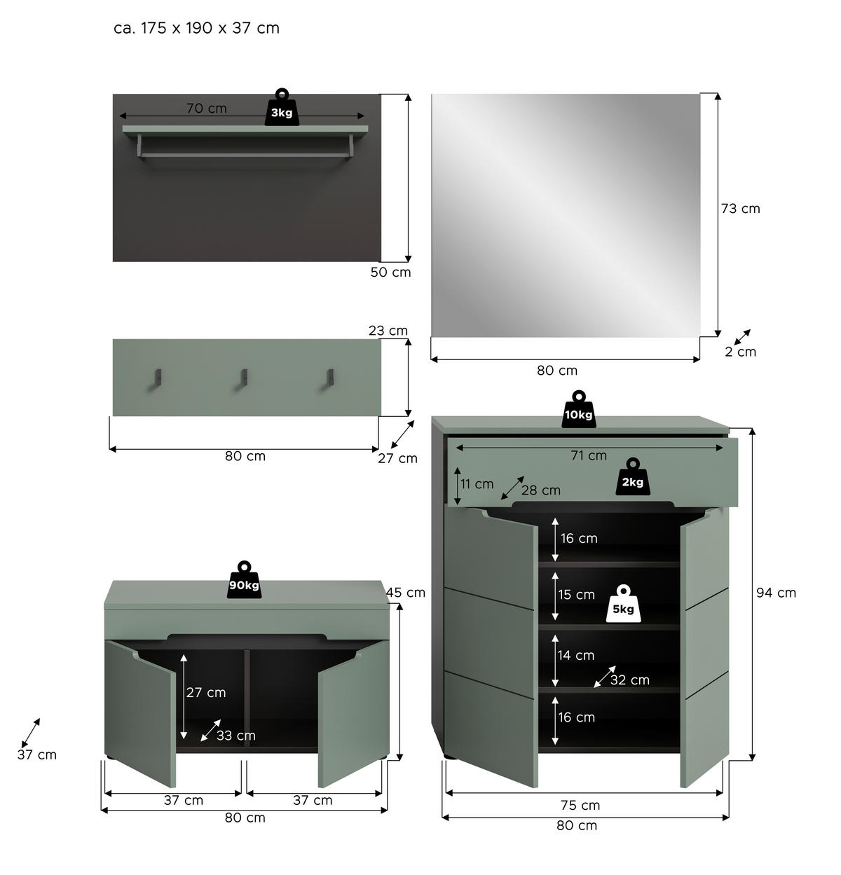 PREDSIEŇOVÝ NÁBYTOK, 175/190/37 cm - sivá/sivozelená, Design, kompozitné drevo (175/190/37cm) - Livetastic