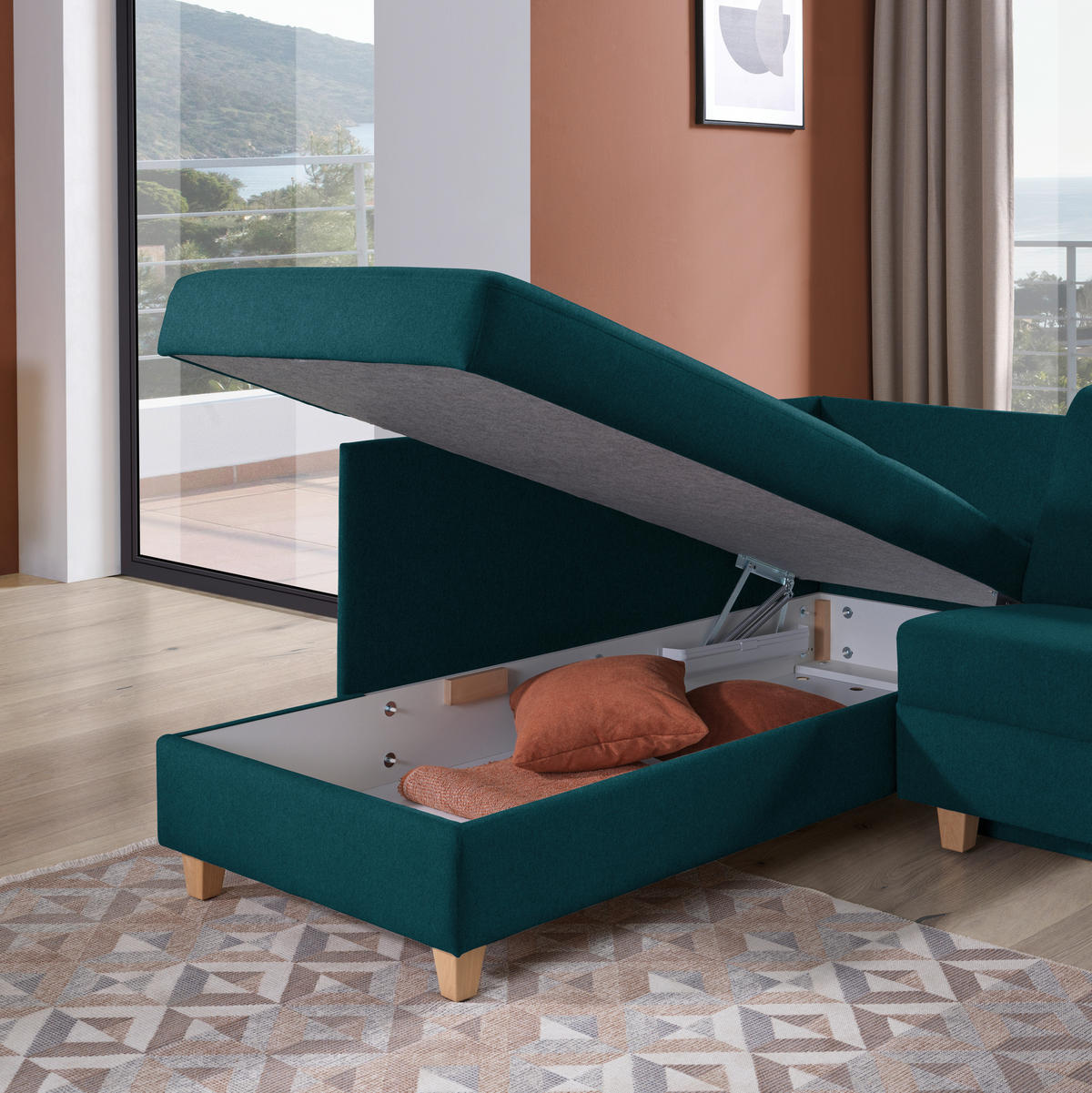 ECKSOFA in Flachgewebe Petrol  203/261 cm  - Eichefarben/Petrol, KONVENTIONELL, Holz/Textil (203/261cm) - Sedda
