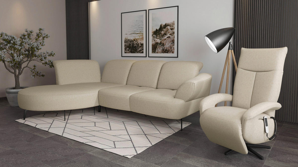 ECKSOFA DANCE E Creme Flachgewebe  - Creme/Schwarz, MODERN, Textil/Metall (208/313cm) - Sit & More