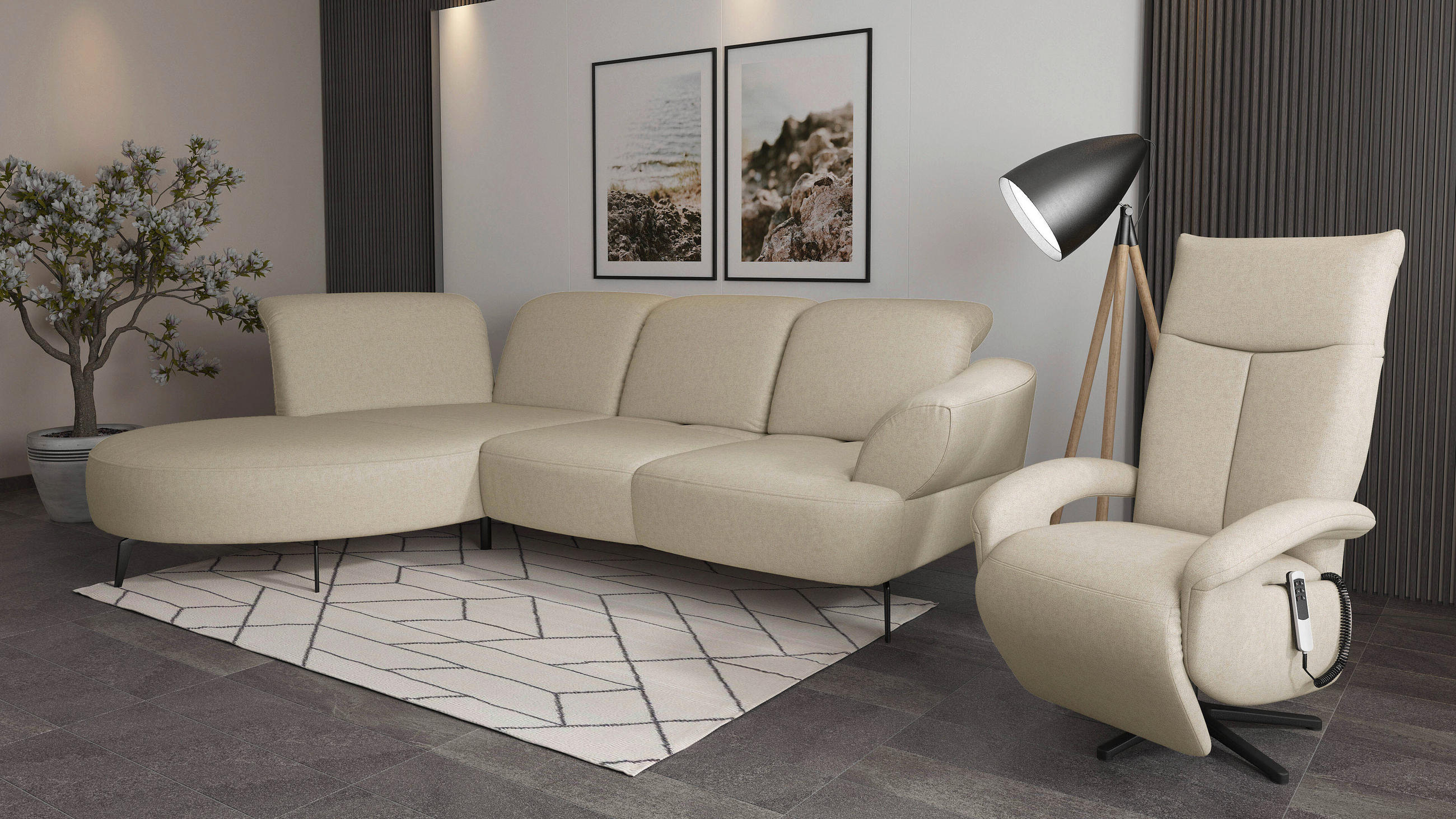 Thumbnail - Sit & More Ecksofa Dance E, Creme, Textil, 5-Sitzer, Ottomane links, L-Form, 313x208 cm, Goldenes M, Oeko-Tex® Standard ...