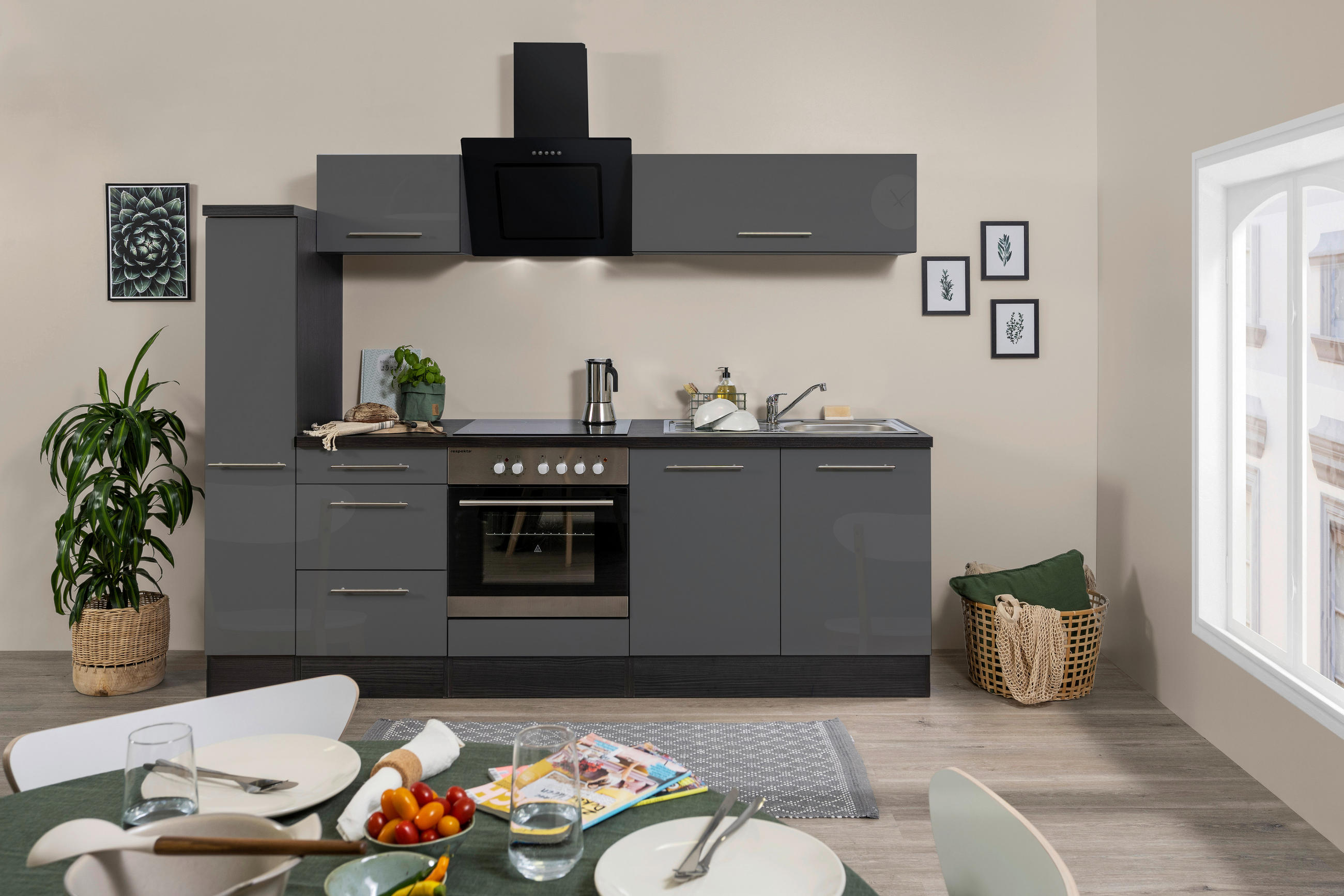 KÜCHENBLOCK 240 cm Grau E-Geräte, Spüle, Soft-Close-System, Ab- und Überlaufgarnitur - Alufarben/Grau, Basics (240cm) - Respekta