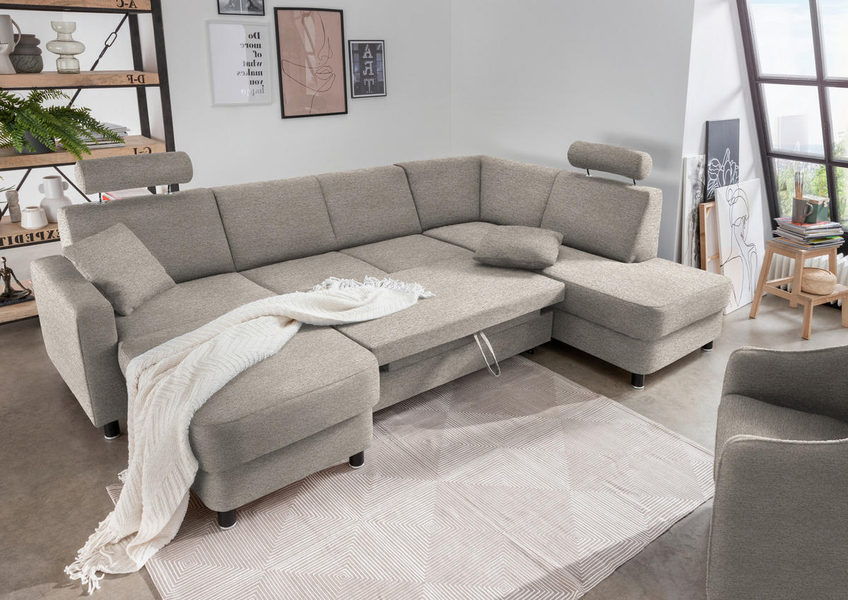 WOHNLANDSCHAFT in Webstoff Beige  - Beige/Schwarz, Design, Holz/Textil (165/296/198cm) - Xora