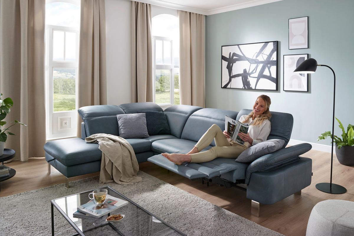 ECKSOFA in Echtleder Blaugrau  - Edelstahlfarben/Blaugrau, Design, Leder/Metall (309/233cm) - Dieter Knoll
