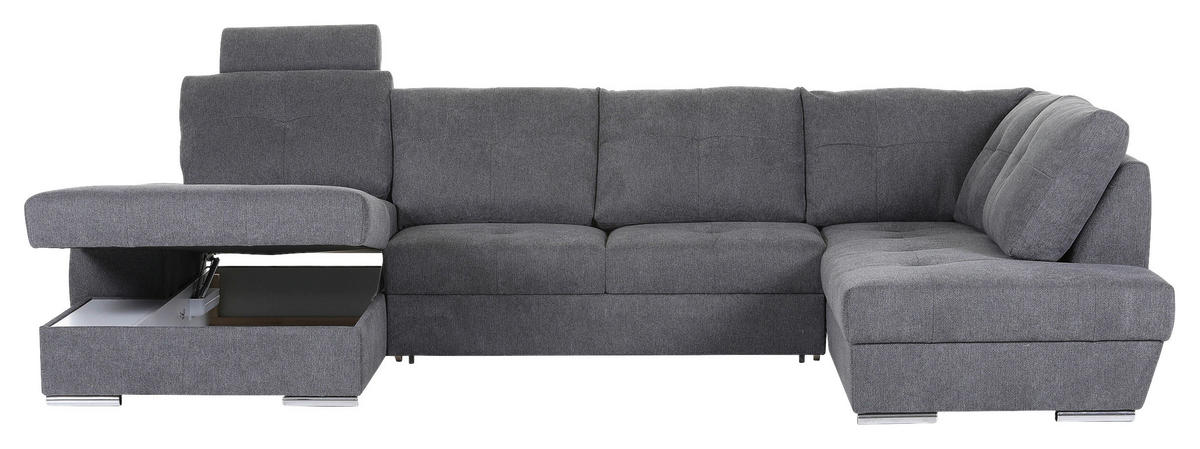 WOHNLANDSCHAFT in Flachgewebe Dunkelgrau  - Chromfarben/Dunkelgrau, Konventionell, Kunststoff/Textil (180/338/217cm) - Hom`in