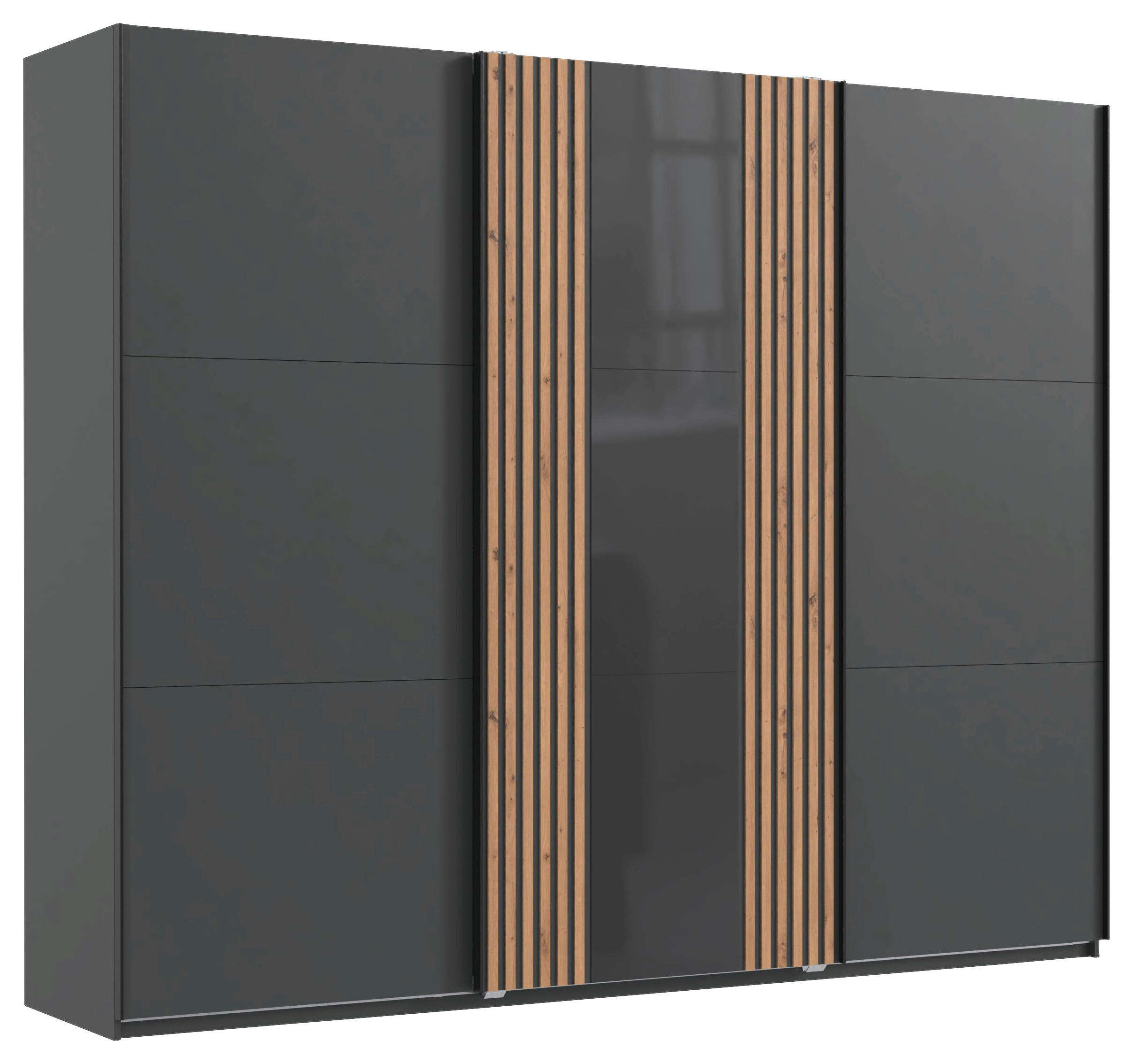 SCHWEBETÜRENSCHRANK 250/216/65 cm 3-türig Graphitfarben, Grau, Eiche Artisan  - Graphitfarben/Eiche Artisan, MODERN, Glas/Holzwerkstoff (250/216/65cm) - MID.YOU