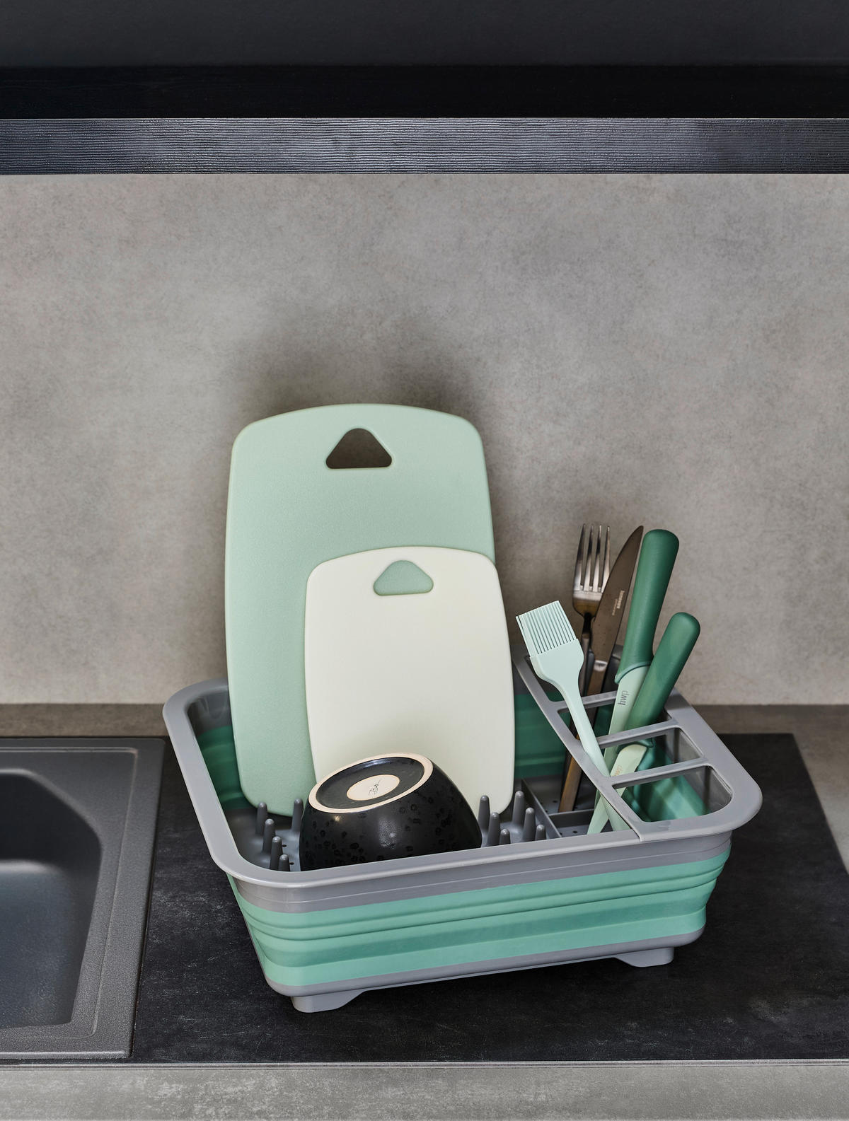 EDÉNYSZÁRÍTÓ ÁLLVÁNY - olajkék/szürke, Basics, műanyag (36/30,5/12cm) - Homeware Profession.