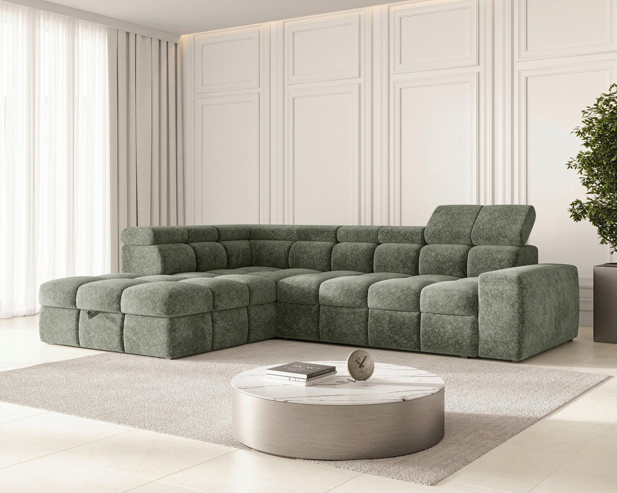 ECKSOFA Dunkelgrün Chenille Bettkasten, Schlaffunktion, Rücken echt, Kopfteilverstellung, Liegefläche im Originalstoff  - Dunkelgrün/Schwarz, MODERN, Kunststoff/Textil (204/292cm) - Milino